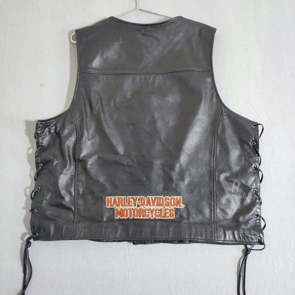 Harley-Davidson rider leather vest men's sz XL black with orange graphic design - Picture 3 of 14